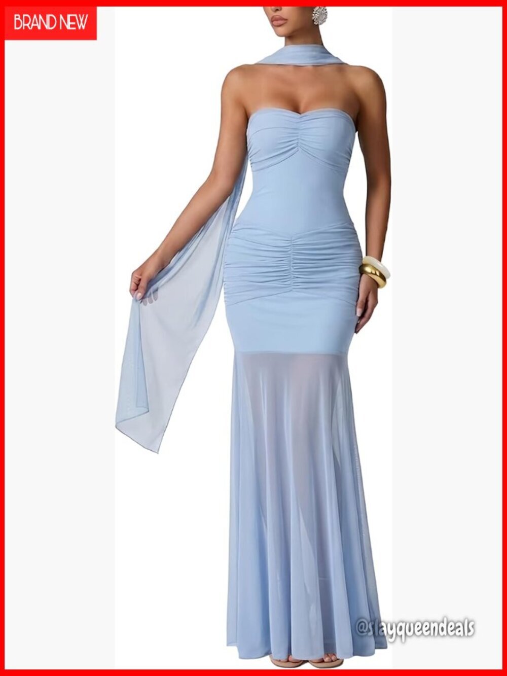 Strapless Ruched Mermaid Maxi Dress with Attached Scarf Formal Gown